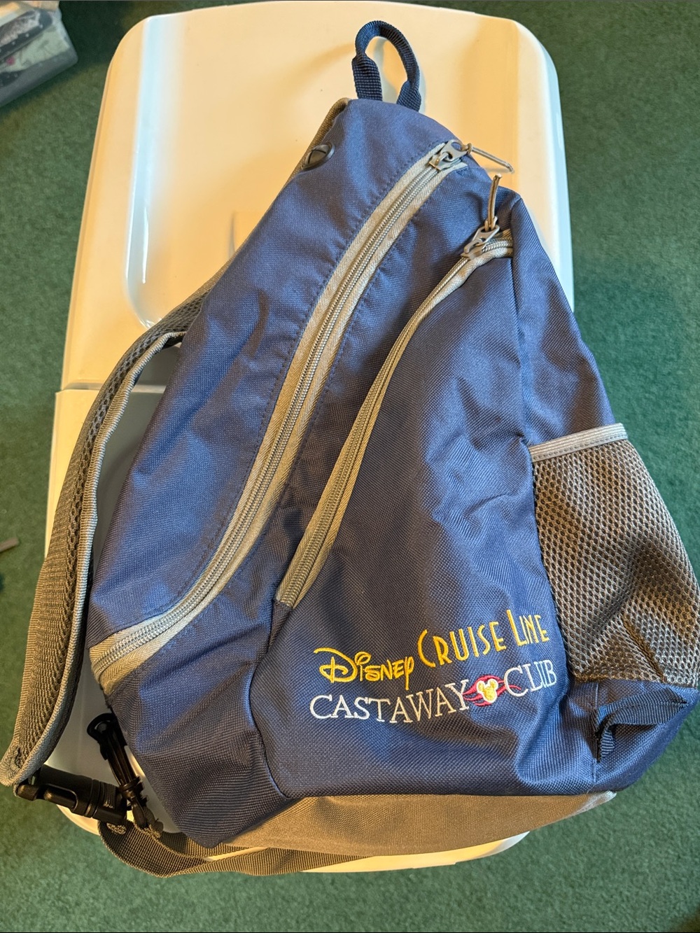 Disney Navy and Gray Sling Backpack with Castaway Club Logo